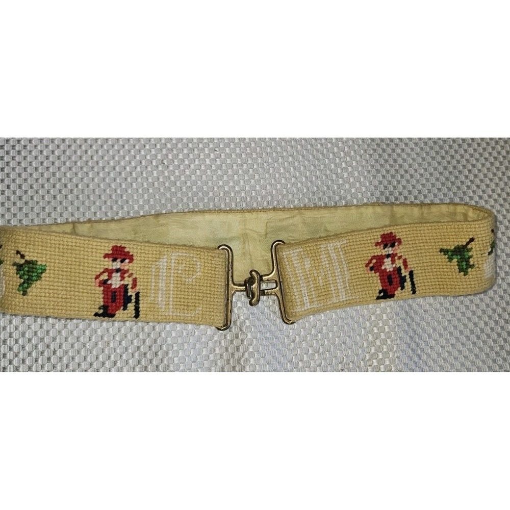 Vintage Golf Needlepoint Surcingle Belt, Preppy Aesthetic, Grandpacore
